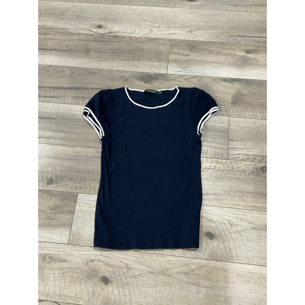 Lauren Ralph Lauren Navy‎ Blue Ribbed Cotton Puff Sleeve Top White Trim Large